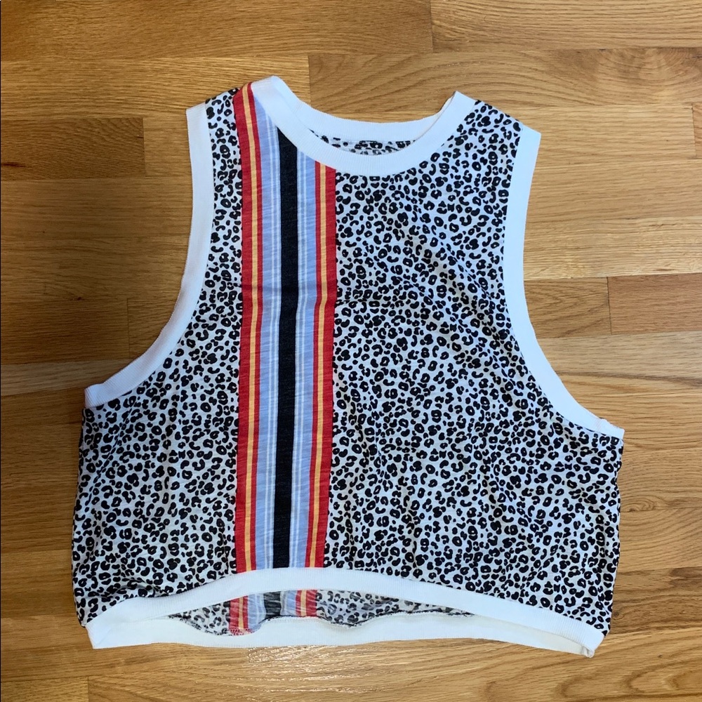 FP Movement by Free People White Leopard Print Crop Tank with Multicolor Stripe